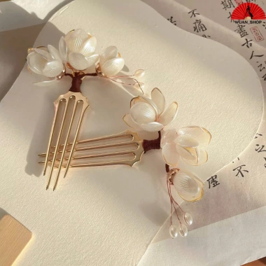 Cài tóc kẹp hoa mộc lan trắng cổ điển chất liệu cao cấp Hanfu Trung Hoa - Giá 75.000₫ 4