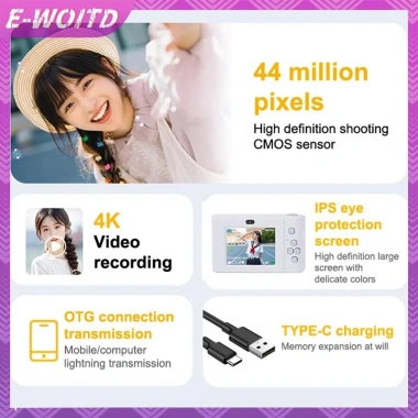 Camera CCD Mini 44MP E-WOITD 4K Zoom 8X, Ống kính đôi, thẻ nhớ, cho bé gái - Quà tặng HNVN 2