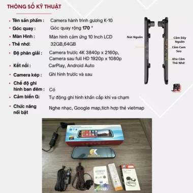 Camera hành trình A10 4K CarPlay Android Auto VietMap Live - Nghe nhạc gọi bản đồ, BH 12 tháng