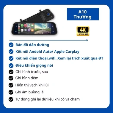 Camera hành trình A10 4K CarPlay Android Auto VietMap Live - Nghe nhạc gọi bản đồ, BH 12 tháng