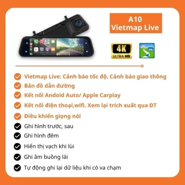 Camera hành trình A10 4K CarPlay Android Auto VietMap Live - Nghe nhạc gọi bản đồ, BH 12 tháng