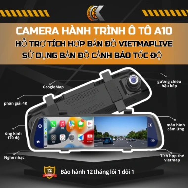 Camera hành trình A10 4K CarPlay Android Auto VietMap Live - Nghe nhạc gọi bản đồ, BH 12 tháng