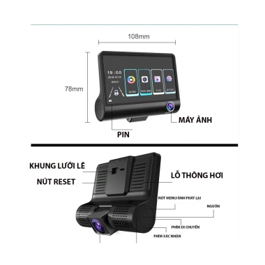 Camera hành trình ô tô 3 mắt 4 inch cảm ứng FullHD 1.080p - DVR ghi trước, trong, sau + cam lùi, giá chỉ 593k 2