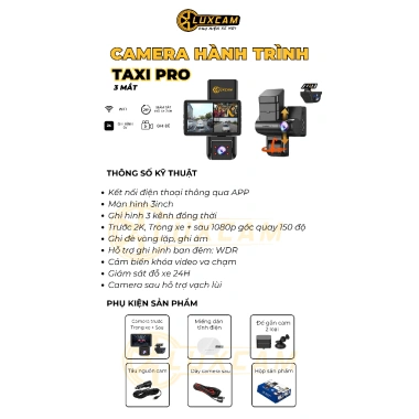 Camera hành trình ô tô 3 mắt TAXI PRO 2K góc quay rộng 170 độ kết nối điện thoại, bảo hành 1 năm LUXCAM