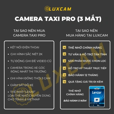 Camera hành trình ô tô 3 mắt TAXI PRO 2K góc quay rộng 170 độ kết nối điện thoại, bảo hành 1 năm LUXCAM