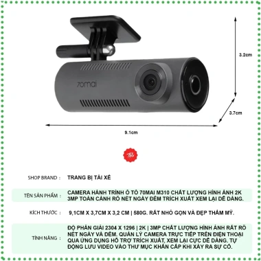 Camera hành trình ô tô 70mai M310 2K 3MP toàn cảnh ngày đêm, hình ảnh rõ nét, giảm giá 420.000 VND