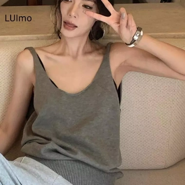 Camisole dệt kim cổ V không tay màu cam cho nữ: Mùa hè thoáng mát, giảm còn 87.048 VND