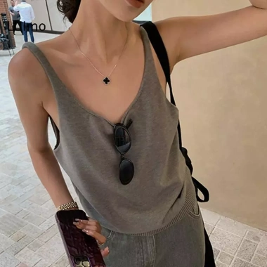 Camisole dệt kim cổ V không tay màu cam cho nữ: Mùa hè thoáng mát, giảm còn 87.048 VND