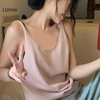 Camisole dệt kim cổ V không tay màu cam cho nữ: Mùa hè thoáng mát, giảm còn 87.048 VND