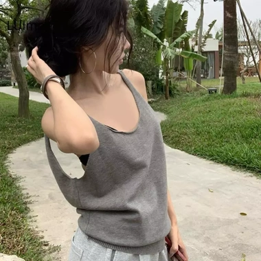 Camisole dệt kim cổ V không tay màu cam cho nữ: Mùa hè thoáng mát, giảm còn 87.048 VND