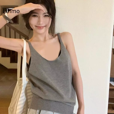Camisole dệt kim cổ V không tay màu cam cho nữ: Mùa hè thoáng mát, giảm còn 87.048 VND