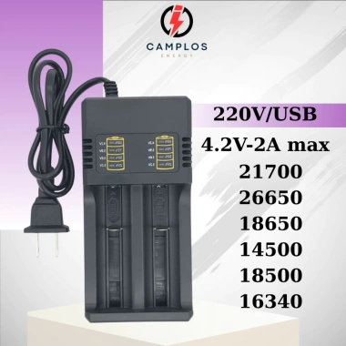 Camplos Bộ sạc pin 2 khe 21.700 18.650 26.650, 2.000mA, AC110-220V và USB 5V - Giá ưu đãi 117.000₫