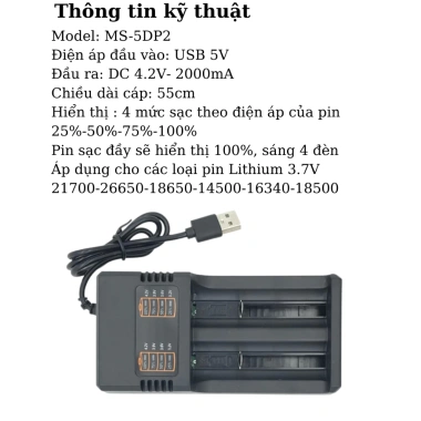 Camplos Bộ sạc pin 2 khe 21.700 18.650 26.650, 2.000mA, AC110-220V và USB 5V - Giá ưu đãi 117.000₫