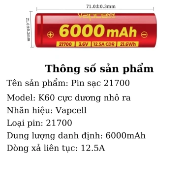 Camplos Pin sạc 21.700 Vapcell F60 6.000mAh - Dung lượng lớn, năng lượng ổn định cho đèn pin