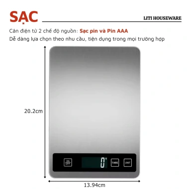 Cân bếp điện tử 15kg/1g inox chống nước, chức năng trừ bì, giá chỉ 165.000đ