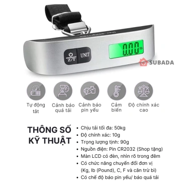 Cân điện tử cầm tay Subada 50kg, móc treo, đai buộc, độ chính xác 10g