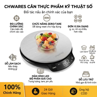 Cân điện tử CHWARES màn hình LED độ phân giải cao, độ chính xác 0.1g/1g, chuyển đổi đa đơn vị, giảm giá nhanh.