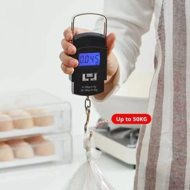 Cân điện tử GAOSU màu đen - Độ chính xác 10g, LCD hiển thị, móc treo tiện lợi, cân hành lý di động