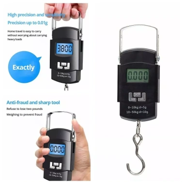 Cân điện tử GAOSU màu đen - Độ chính xác 10g, LCD hiển thị, móc treo tiện lợi, cân hành lý di động