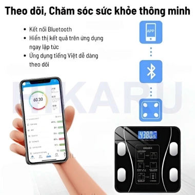 Cân điện tử HIKARU đo 25 chỉ số cơ thể, kết nối điện thoại, sạc USB – 180.000₫