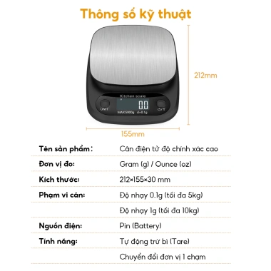 Cân điện tử mini cho nhà bếp - Độ chính xác cao 0.1-5Kg, 1g-5Kg, giá ưu đãi 106.000₫ 9 Cân điện tử mini cho nhà bếp - Độ chính xác cao 0.1-5Kg, 1g-5Kg, giá ưu đãi 106.000₫ 9