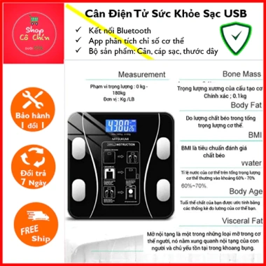 Cân Điện Tử Sức Khỏe Bluetooth, Sạc USB, Phân Tích Chỉ Số Cơ Thể + Dây Cáp & Thước Đo Eo - 99.000 VND