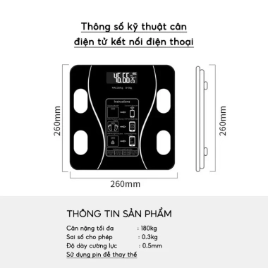 Cân Điện Tử Thông Minh 18 Chỉ Số Bluetooth Sạc USB Đen Tặng Thước Đo và Cáp Sạc Giá 88.000₫