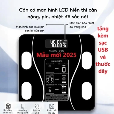 Cân Điện Tử Thông Minh 18 Chỉ Số Bluetooth Sạc USB Đen Tặng Thước Đo và Cáp Sạc Giá 88.000₫