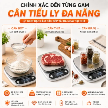 Cân Điện Tử Tiểu Ly 1g-10kg Dùng Nhà Bếp - Định Lượng Chính Xác Cho Bánh, Rau Củ