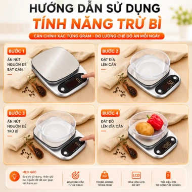 Cân Điện Tử Tiểu Ly 1g-10kg Dùng Nhà Bếp - Định Lượng Chính Xác Cho Bánh, Rau Củ
