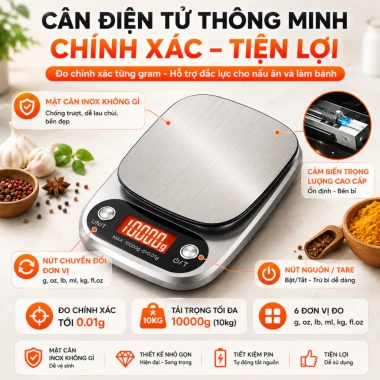 Cân Điện Tử Tiểu Ly 1g-10kg Dùng Nhà Bếp - Định Lượng Chính Xác Cho Bánh, Rau Củ