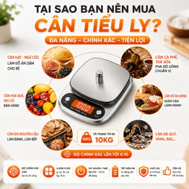 Cân Điện Tử Tiểu Ly 1g-10kg Dùng Nhà Bếp - Định Lượng Chính Xác Cho Bánh, Rau Củ