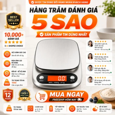 Cân Điện Tử Tiểu Ly 1g-10kg Dùng Nhà Bếp - Định Lượng Chính Xác Cho Bánh, Rau Củ