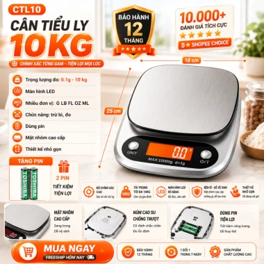 Cân Điện Tử Tiểu Ly 1g-10kg Dùng Nhà Bếp - Định Lượng Chính Xác Cho Bánh, Rau Củ