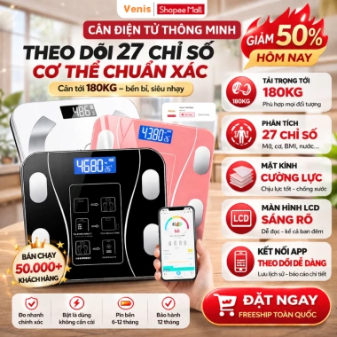 Cân sức khỏe Bluetooth, phân tích chỉ số cơ thể, sạc USB, tải 180kg – 109.000₫