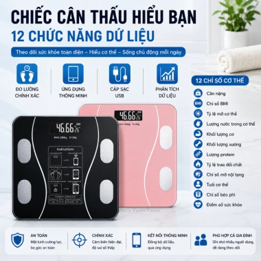 Cân sức khỏe Bluetooth, phân tích chỉ số cơ thể, sạc USB, tải 180kg – 109.000₫