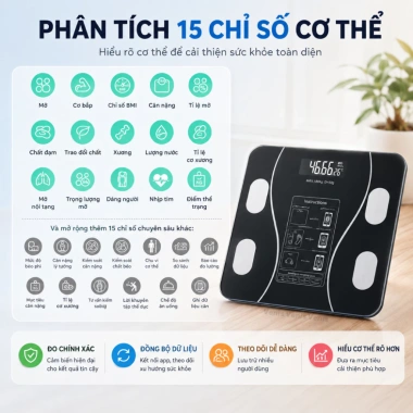 Cân sức khỏe Bluetooth, phân tích chỉ số cơ thể, sạc USB, tải 180kg – 109.000₫