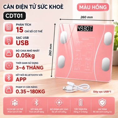 Cân sức khỏe Bluetooth, phân tích chỉ số cơ thể, sạc USB, tải 180kg – 109.000₫