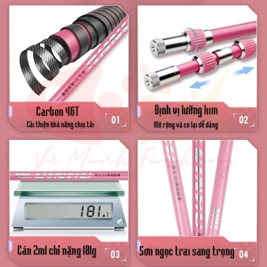 Cán vợt săn QINHU carbon 2.1-2.7m - xanh lam, hồng, vành xanh/đen, giá 216k