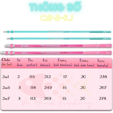 Cán vợt săn QINHU carbon 2.1-2.7m - xanh lam, hồng, vành xanh/đen, giá 216k