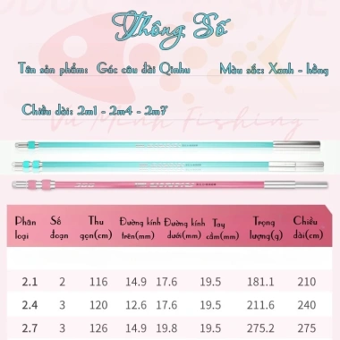 Cán vợt săn QINHU carbon 2.1-2.7m - xanh lam, hồng, vành xanh/đen, giá 216k