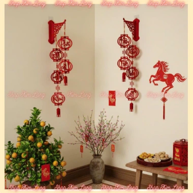 Cặp 2 dây treo lồng đèn đỏ treo tường phát tài, phát lộc decor Tết 2.026 trang trí nhà cửa, quán xá