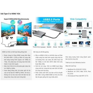 Cáp chuyển đổi Type-C sang HDMI+VGA+USB3.0 4K chất lượng cao Kết nối TV, máy chiếu, giá ưu đãi 74.998 3