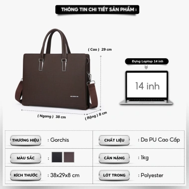 Cặp da công sở Gorchis Cao Cấp Da PU Bền, Túi Đựng Laptop 14 inch - Giá 868k 3