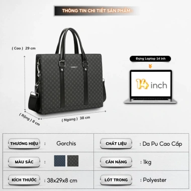 Cặp da công sở Gorchis cao cấp, Da PU bền, túi đựng laptop 14 inch văn phòng