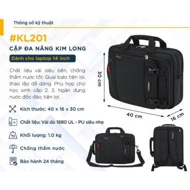 Cặp Đa Năng Học Sinh Cấp 2-3 Kim Long KL201 - Ngăn Đựng Nước, Quai Balo và Đeo Chéo