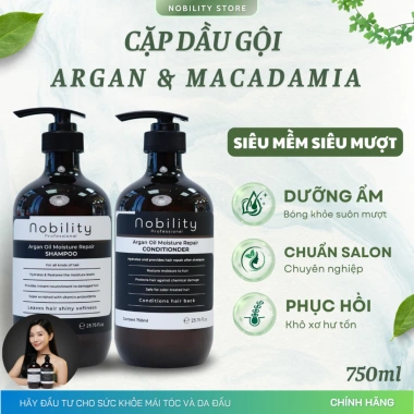 Cặp Dầu Gội Xả Argan Macadamia Nobility 750ml Chính Hãng - Giảm rụng, chống gàu, phục hồi mềm mượt, giá 540k