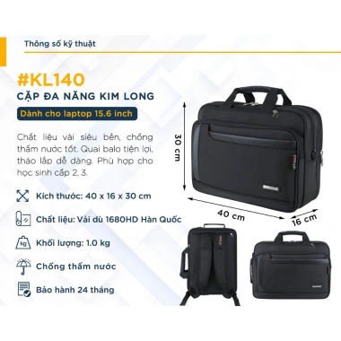 Cặp Đen Kim Long KL140 Cấp 2-3 Nam Nữ - Quai Balo & Quai Đeo Chéo, Chính Hãng 447k