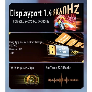 Cáp DisplayPort 1.4 NYT 8K60Hz 4K144Hz 2K165Hz - BH 12T Đổi Mới Giá 69.000 VND