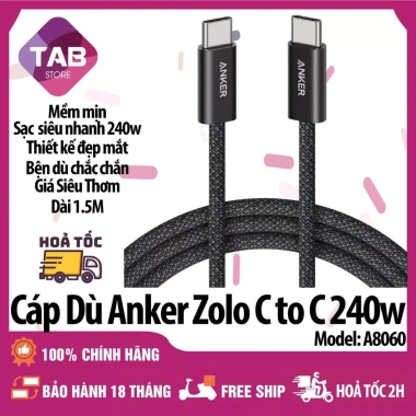 Cáp Dù Anker Zolo C to C 240W A8.060 Chống Bám Bẩn, Bảo Hành 18 Tháng, 108.999đ